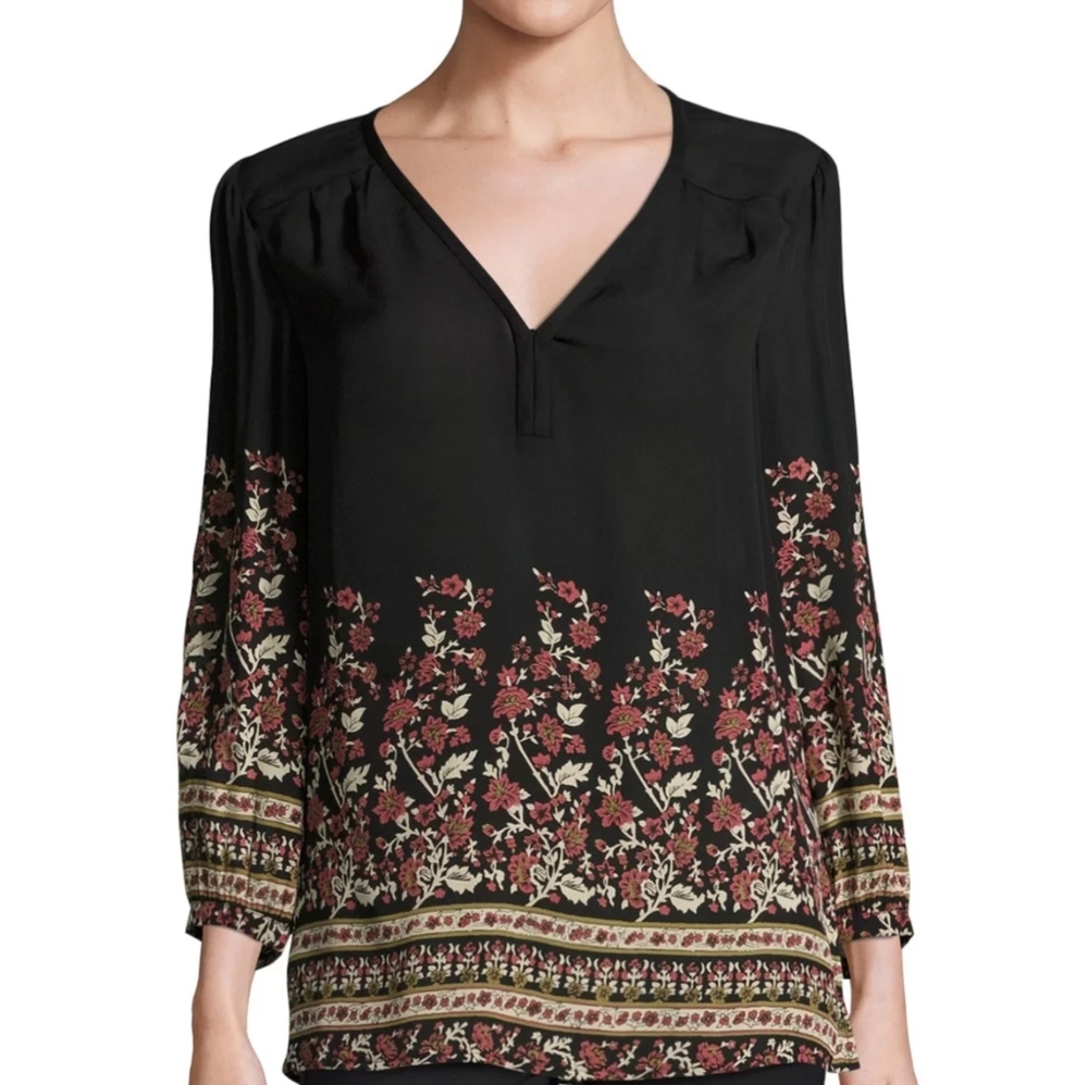 Joie Riva Womens Floral Silk Top Chiffon Feel Sheer Flows Oversized Fit V-Neck L